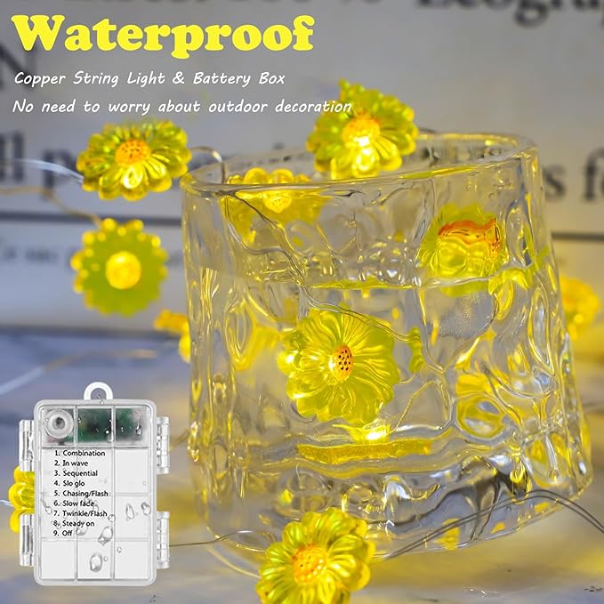 Sunflower String Lights Spring Fairy Lights, 30 LED Copper String Lights with Remote Control & Battery Operated Novelty Decorative Lights for Christmas, Bedroom Plants, Spring Decor (Sunflower)