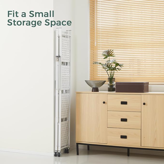 DEANIC 5-Shelf Folding Bookcase with Wheels, Rolling Bookshelf Heavy Duty Storage Shelves, Freestanding Metal Wire Shelving Unit for Living Room, Office, Kitchen, Basement, Pantry (White)