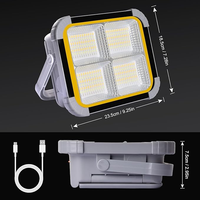 ERAY LED Work Light with 4 Solar Panel, 150W 12000mAH Rechargeable Worklight with 336 LED Beads/4 Modes/IP64/Stepless Dimming, Portable Job Site Light for Emergency Workshop（Grey