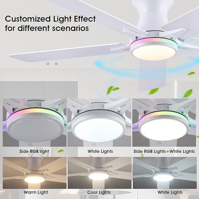 Low Profile RGB Ceiling Fans with Lights and Remote,52" White Flush Mount Ceiling Fans with Quiet Reversible DC Motor, Dimmable LED Ceiling Fan Light with 3 Colors 6 Speeds