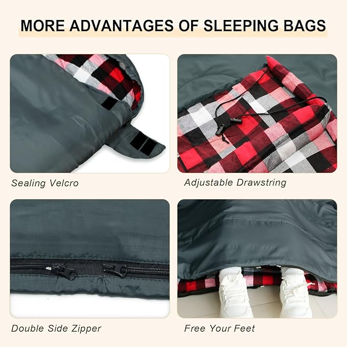 Double Sleeping Bag Flannel for Adults with 2 Pillows 2 Person Sleeping Bags Camping XXL Queen Size Two Person Sleeping Bag for Cold Weather