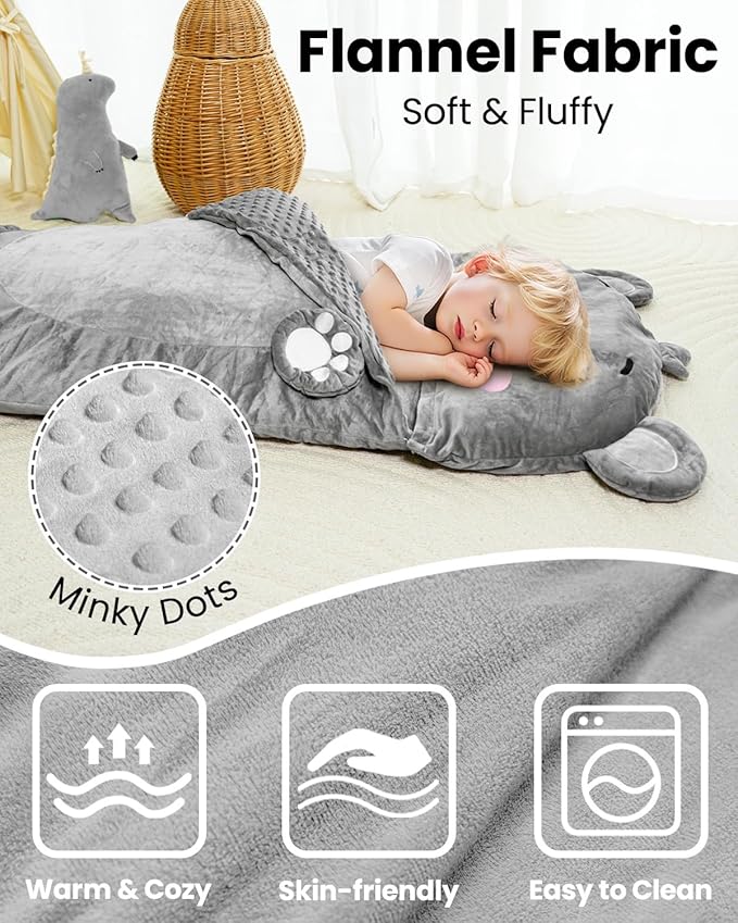 Primlect Kids Sleeping Bag with Pillow, Larger Toddler Nap Mat, Plush Slumber Bag for Boys Girls Daycare Preschool Kindergarten Birthday Gift Travel Sleepover Ages 3-6 Years