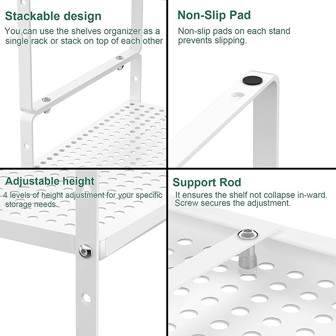 Redrubbit Expandable Cabinet Storage Shelf, Adjustable Height Steel Metal Kitchen Counter Organizers Shelves Spice Rack for Kitchen Pantry Bathroom Cupboard Desk Home Office, White-1 Pack