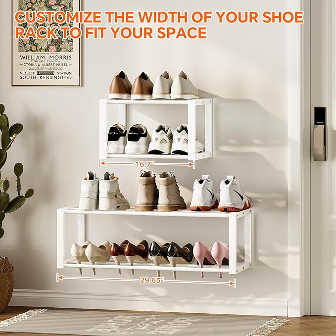 Homeiju Hanging Shoe Organizer,2 Pack Wall Mounted Shoe Rack Holds 12 Pairs,Space Saving Metal Wall Shoe Rack,Hanging Shoe Rack Shoe Holder for Small Space,Entryway,Closet,RV,Camper (White