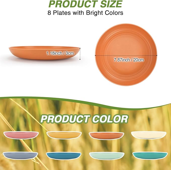 7.9 Inch Wheat Straw Dinner Plates Set of 8, Unbreakable Plastic Reusable Plates for Kitchen, Camping, Small Lightweight Deep Dinnerware Set, Dishwasher and Microwave Safe Plates, Non-Toxic, BPA Free