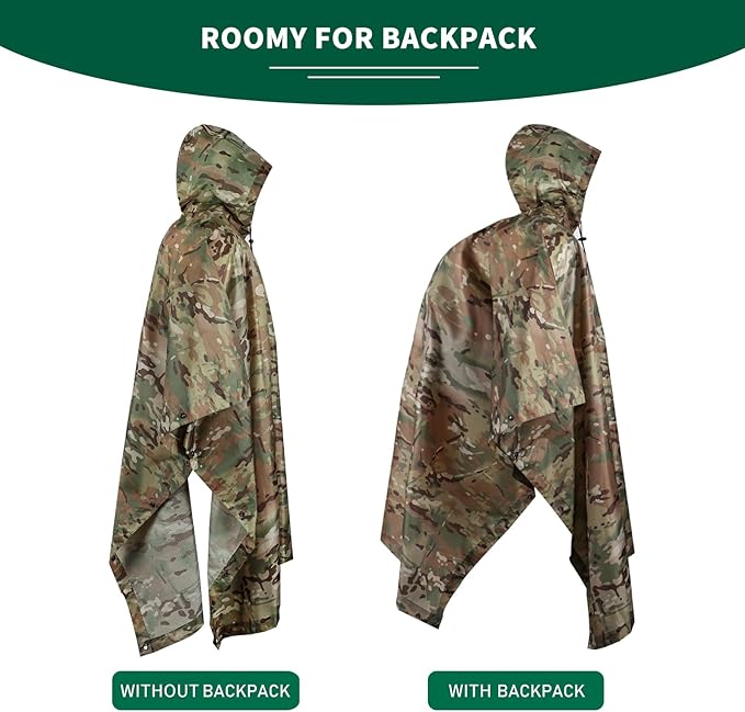 GRVCN Military Rain Poncho, Camouflage Raincoat Outdoor Waterproof Lightweight
