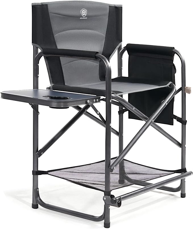 EVER ADVANCED Medium Tall Directors Chair Foldable Makeup Artist Chair Bar Height with Side Table Cup Holder and Pocket Footrest, Supports 400LBS (Grey, Seat Height: 23.2 inches)