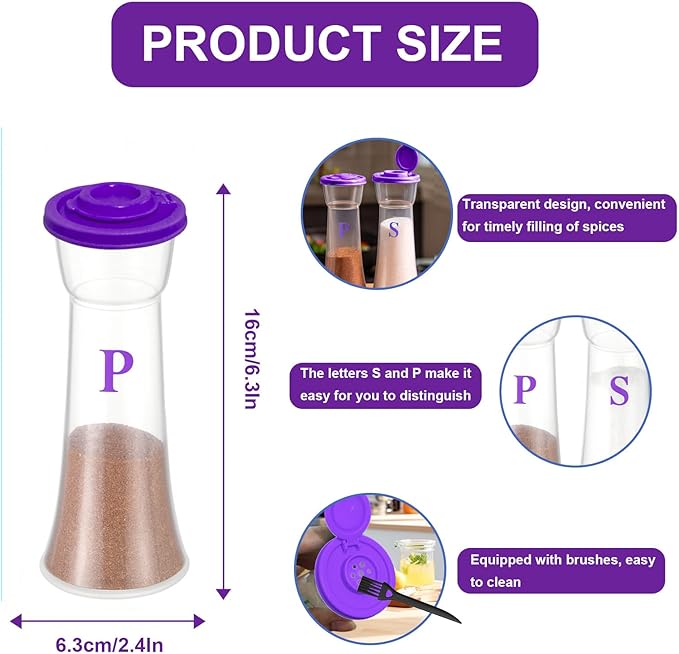 Set of 2 Clear Salt and Pepper Shakers, Plastic Spice Jars with Colorful Lids, Leakproof Moisture-Proof for Home Kitchen Restaurant, Camping, Travel, Picnic (Purple)