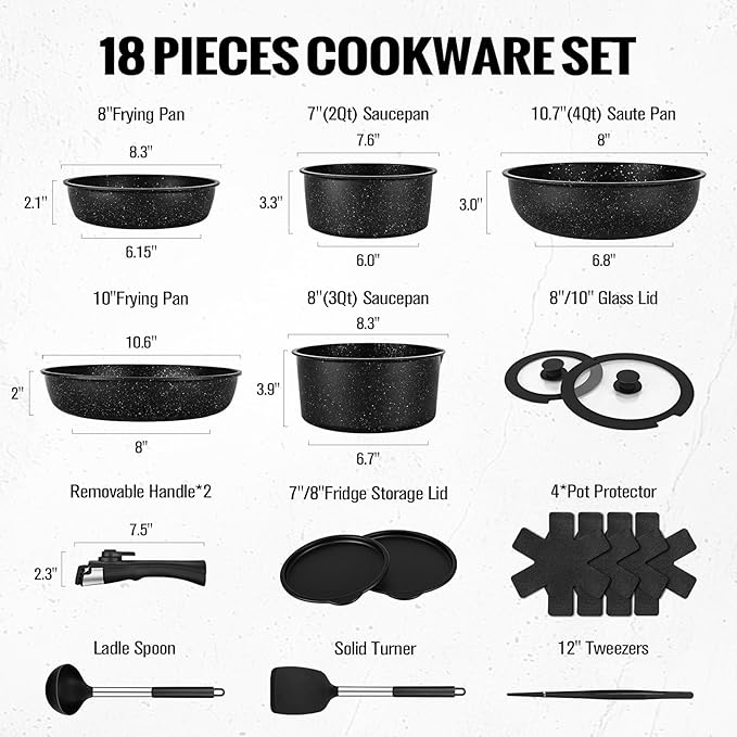 18 Pcs Nonstick Pots and Pans Set with Detachable Handle, Induction Compatible Oven Safe RV Cookware Set, No PFOA (BLACK)