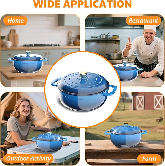 BONNLO 6QT Round Dutch Oven, Enameled Cast Iron Dutch Oven Pot with Lid & Dual Handles, Oven Safe Up to 500° F, for Sourdough, Bread Baking, Stews and Roasting (Blue)