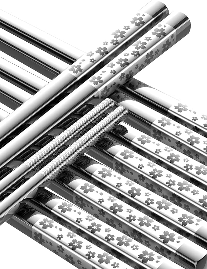 5 Pairs Metal Chopsticks Reusable 18/8 stainless steel Chopsticks Japanese Style Dishwasher Safe Lightweight Non-Slip Chop Sticks 9 1/4 Inches Present Set