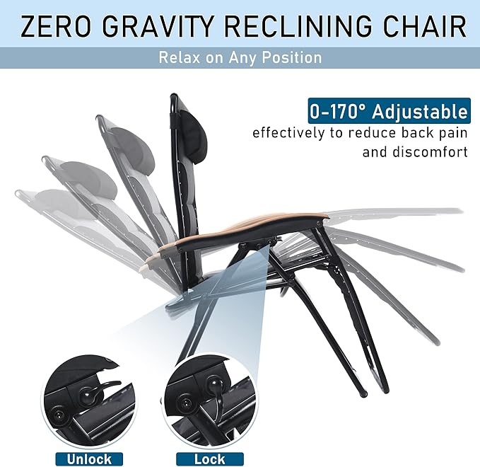 PHI VILLA XXL Oversized Padded Zero Gravity Chair, Foldable Patio Recliner, 30" Wide Seat Anti Gravity Lounger with Cup Holder, Set of 2, Support 400 LBS (Black)