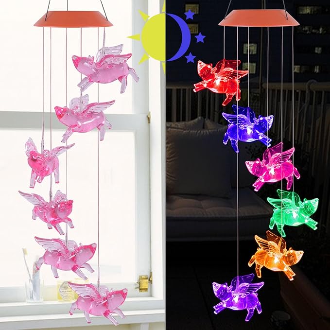 ME9UE Solar Fly Pigs Wind Chimes, Outdoor Waterproof Mobile Romantic LED Multi Color-Changing Solar Sensor Powered Lights for Home, Yard, Night Garden, Party, Valentines Gift, Festival Decor