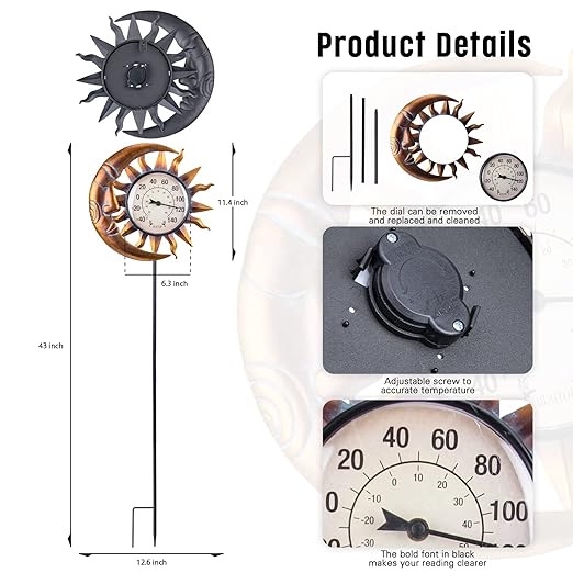 MUMTOP Outdoor Thermometers for Patio - Wall Thermometer, Indoor Outdoor Thermometer with Garden Stake for Home and Garden Decor (Sun and Moon)