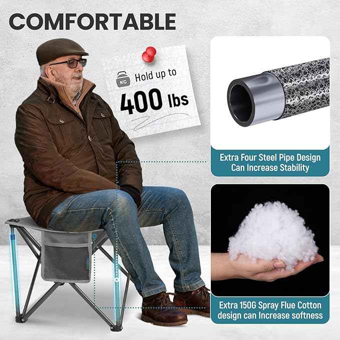 FUNDANGO Folding Camping Stool, 2 Pack 18.1 Inch Oversized Foot Stools 400 Lbs Heavy Duty Portable Padded Seat Anti-Slip Foots & Carry Bag for Fishing Outdoor Lawn Travel (Grey)