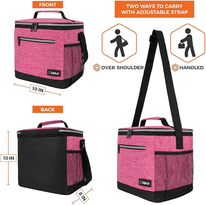 opux Extra Large Insulated Lunch Box Men Women, Lunch Bag for Work, Leakproof Soft Cooler Tote Adult, Lunch Pail, Picnic Beach Collapsible Food Bag with Shoulder Strap, Pink