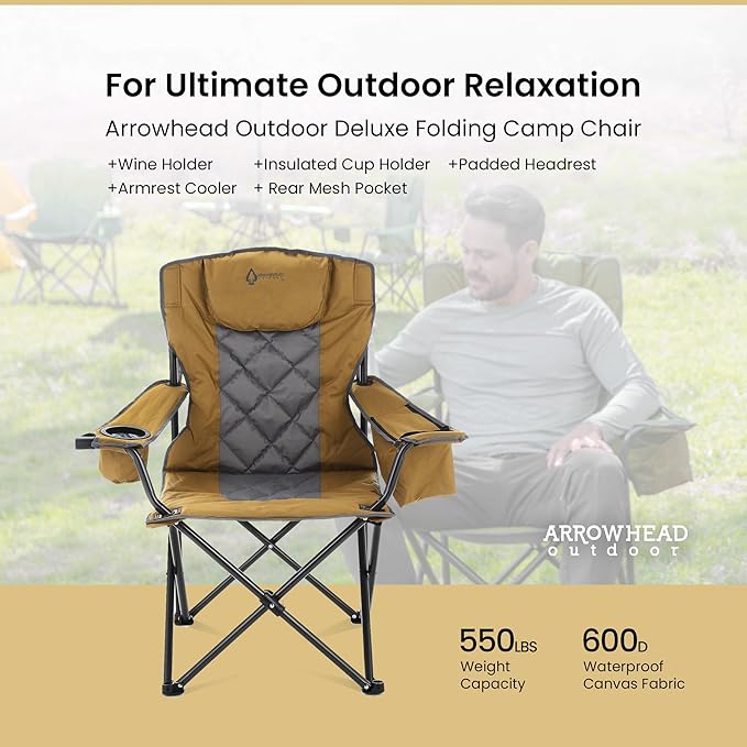 ARROWHEAD OUTDOOR Portable Folding Camping Quad Chair w/ 6-Can Cooler, Cup & Wine Glass Holders, Heavy-Duty Carrying Bag, Padded Armrests, Headrest & Seat, Supports up to 550lbs, USA-Based Support