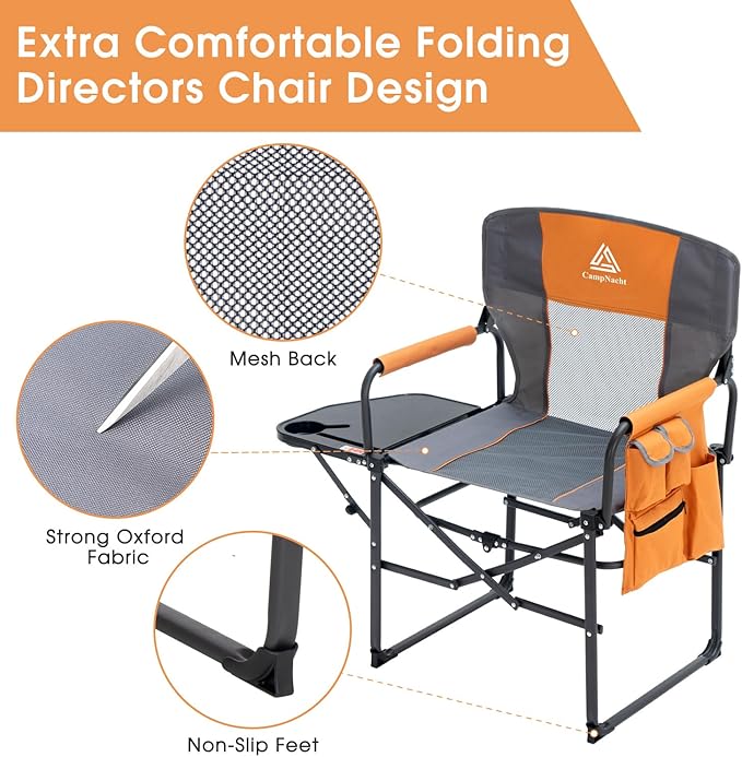 Wide Folding Director Chair with Table, Outdoor Camping Chair for Adults with Cup Holder Load 330 Lbs, Portable Lightweight Chair for Outside with Carry Bag for Patio, Orange-1Pack