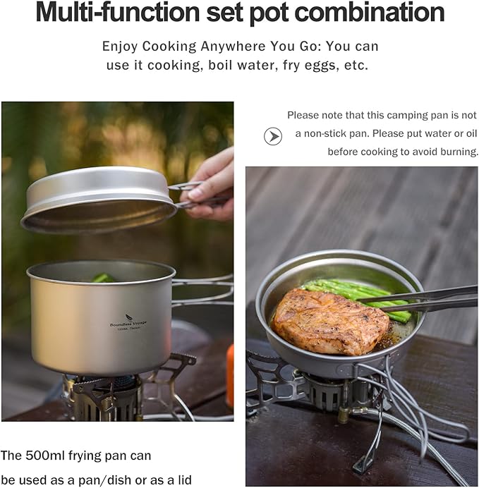 Boundless Voyage Outdoor Titanium Pot with Pan Set with Collapsible Folding Handle for Outdoor Camping Cooking Hiking Backpacking Portable Cookware