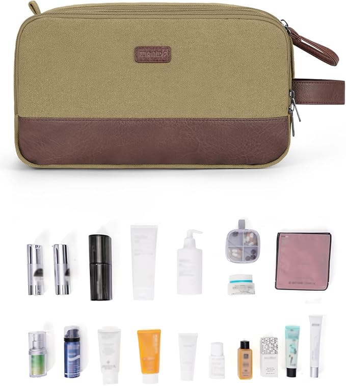 WANDF Toiletry Bag for Men Travel Toiletry Organizer Canvas and Leather Dopp Kit Water-Resistant Shaving Bag for Travel Accessories (Classic Khaki, Large)