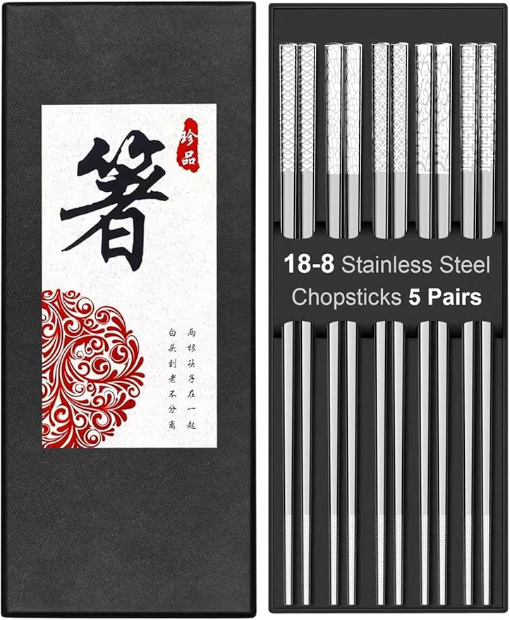 Metal Chopsticks Reusable 18/8 stainless steel Chopsticks 5 Pairs Modern Style Dishwasher Safe Lightweight Non-Slip Chop Sticks 9 1/4 Inches Present Set