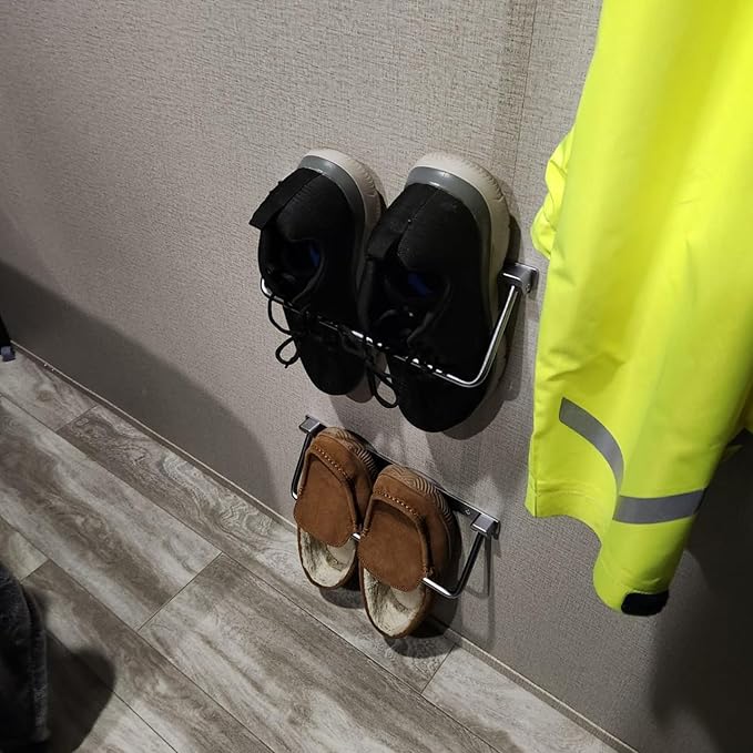 4PCS Foldable RV Shoe Rack with Wall Protector Double-sided Tape Wall-Mounted Aluminum Camper Shoe Storage Organizer Shelf for Various Shoes