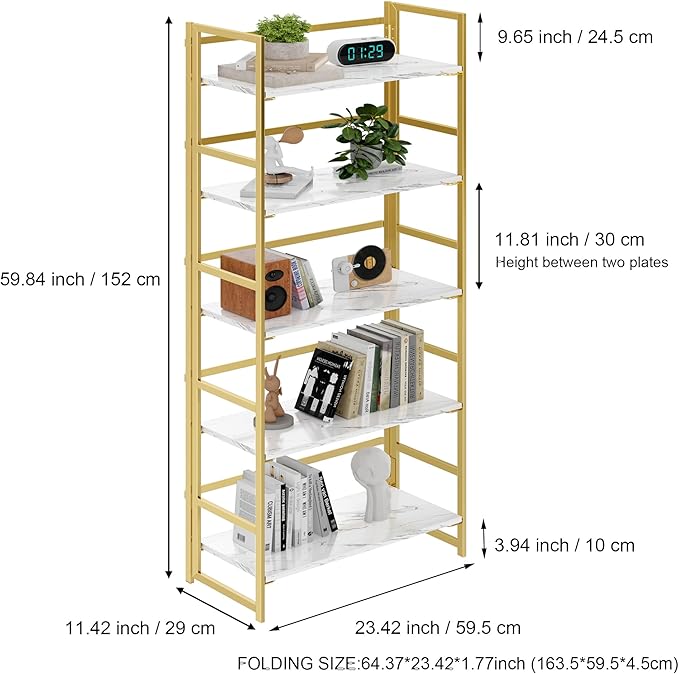 BHG No Assembly Folding Bookshelf for Living Room, 5 Tier Gold Collapsible Book Shelf for Home Office, Portable Bookcase Storage Organizer