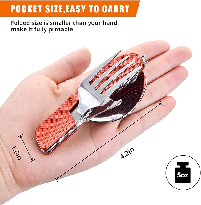 Camping Eating Utensils HIKENTURE 4-In-1 Stainless Steel Spoon Fork Knife Bottle Opener Set,Foldable Backpacking Cutlery for Traveling, Hiking, Boy Scout Gift(Red)