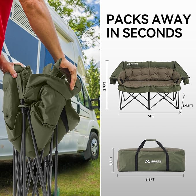 Double Camping Chairs Padded Loveseat Chair for 2 Person - Heavy Duty Oversized Camping Couch for Adults Outdoor Lawn Beach - Portable Folding Sofa with Cup Holders and Carry Bag, Green