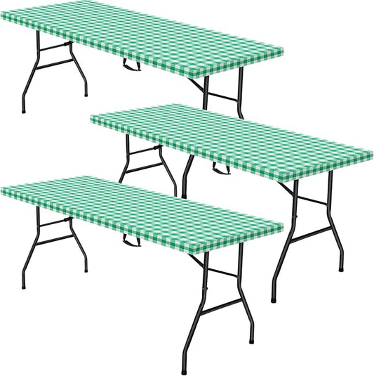 3 Pcs Plastic Picnic Table Cover Checkered Tablecloth Fitted Rectangular Table Cloth 30 x 72 Inch Vinyl Waterproof Flannel Backed with Elastic Rim for Indoor Outdoor Picnic Party(Green and White)