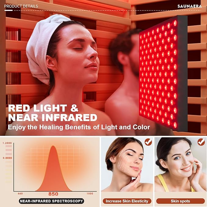 Full Spectrum Infrared Sauna，2-3 Person Home Sauna，Wooden Canadian Hemlock Indoor Spa Sauna with Resonance Speaker, Panoramic Tempered Glass Door