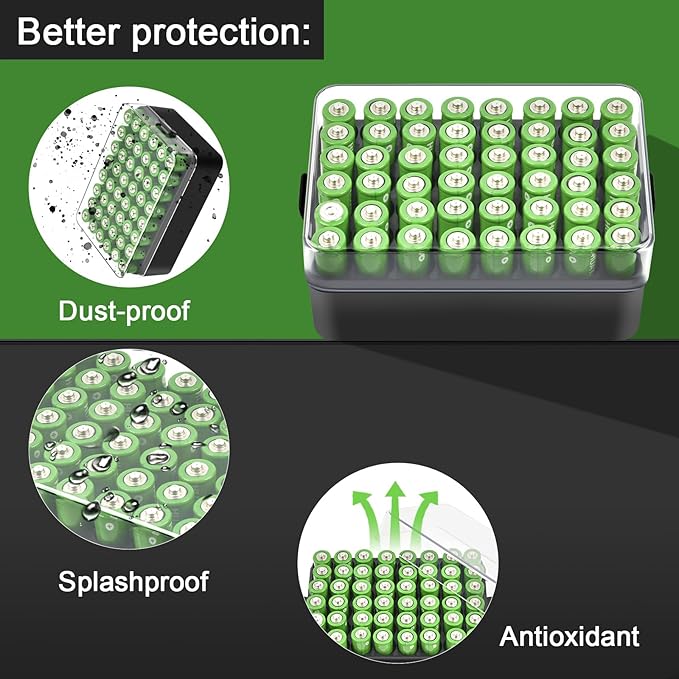 ALCYON Battery Organizer Storage Case, Small Battery Vault Box Container for 48pcs AA Batteries, Plastic Clear Protective Battery Holder for Travelling/Home/Office (Black, Large)