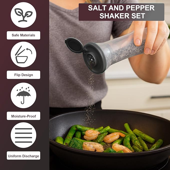 Set of 2 Clear Salt and Pepper Shakers, Plastic Spice Jars with Colorful Lids, Leakproof Moisture-Proof for Home Kitchen Restaurant, Camping, Travel, Picnic (Black Red)