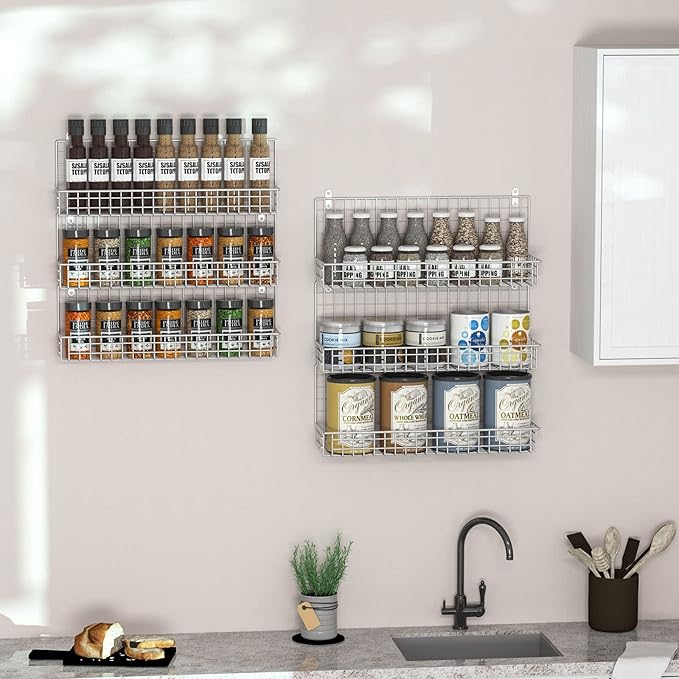 JKsmart Spice Rack Organizer 6-Tier Wall Mounted & Over the Door Spice Racks for Kitchen Pantry Bathroom,Two Size, Large Capacity, Silver