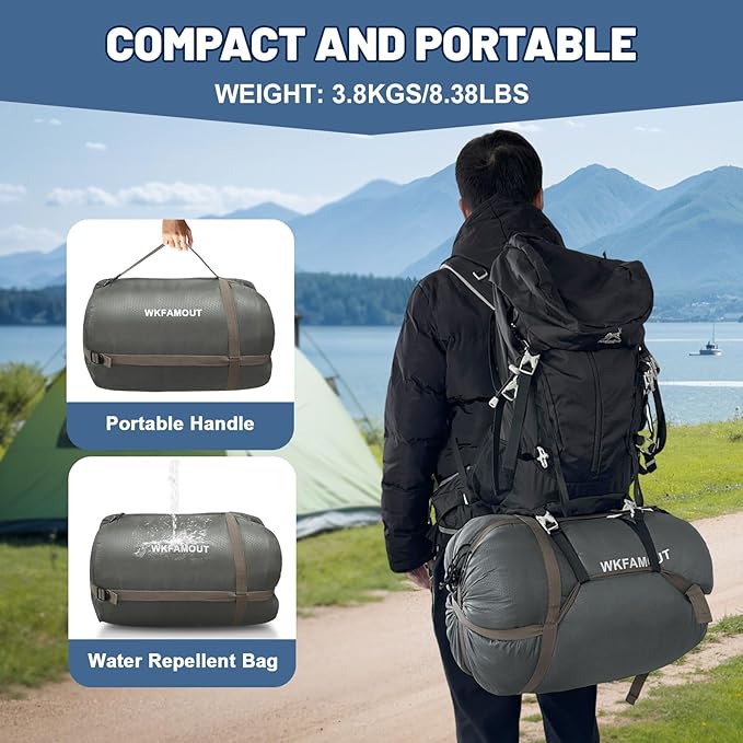 Double Sleeping Bag for Adults Machine Washable 2 Person Camping Sleeping Bag Queen Size Waterproof with Compression Sack for Cold Weather 3-4 Seasons