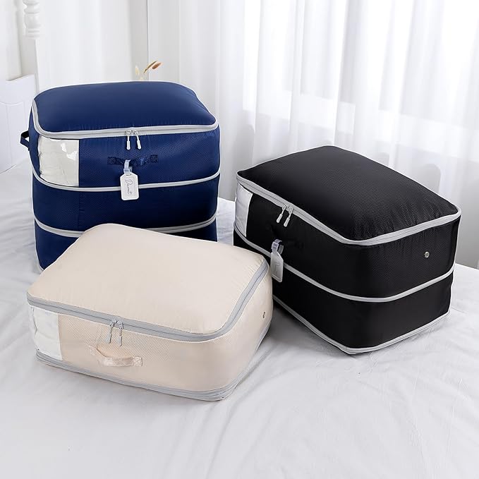 Comforter Storage Bag - Large Capacity Blanket Storage Bags 3-Layer Ultra Space Saving Self Compression Organizer, Washable Compression Bags for Storage Comforter Blanket, 2-Pack, Navy Blue