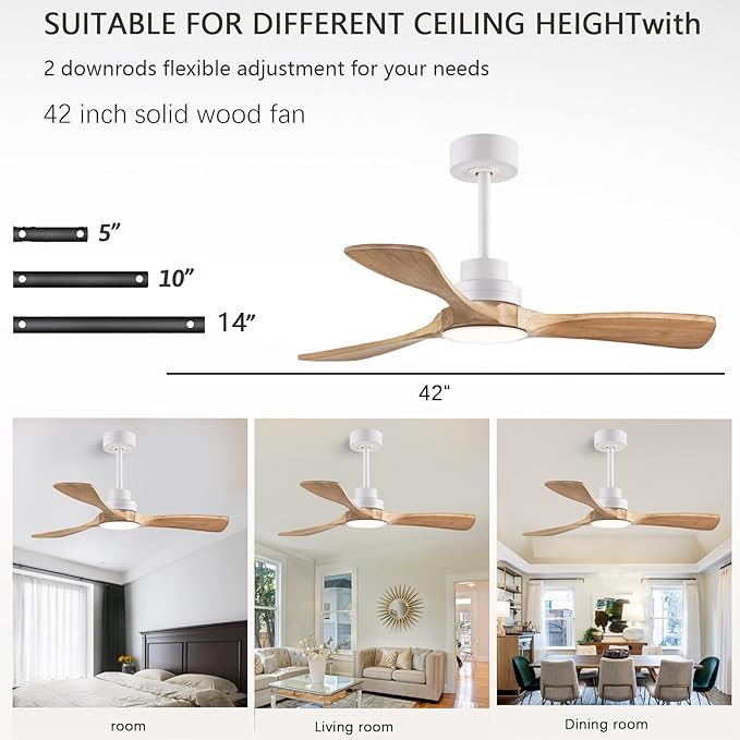 42" Ceiling Fans with Lights with Remote Control, Indoor Outdoor Wooden Ceiling Fan with 3 Wooden Blades for Patio, Living Room, Dining Room, Farmhouse and More. (White + Log Color)…