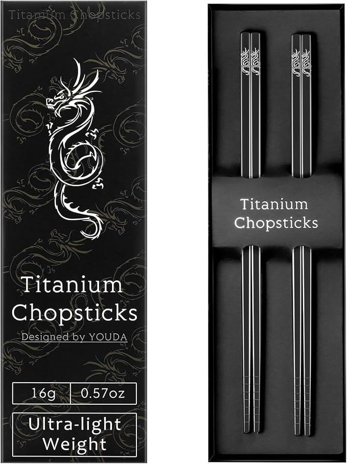 Youda Pure TITANIUM Chopsticks Ultralight and Reusable Chopsticks for Camping, Home, Travel (2 Pairs)