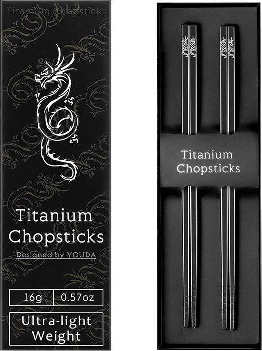 Youda Pure TITANIUM Chopsticks Ultralight and Reusable Chopsticks for Camping, Home, Travel (2 Pairs)