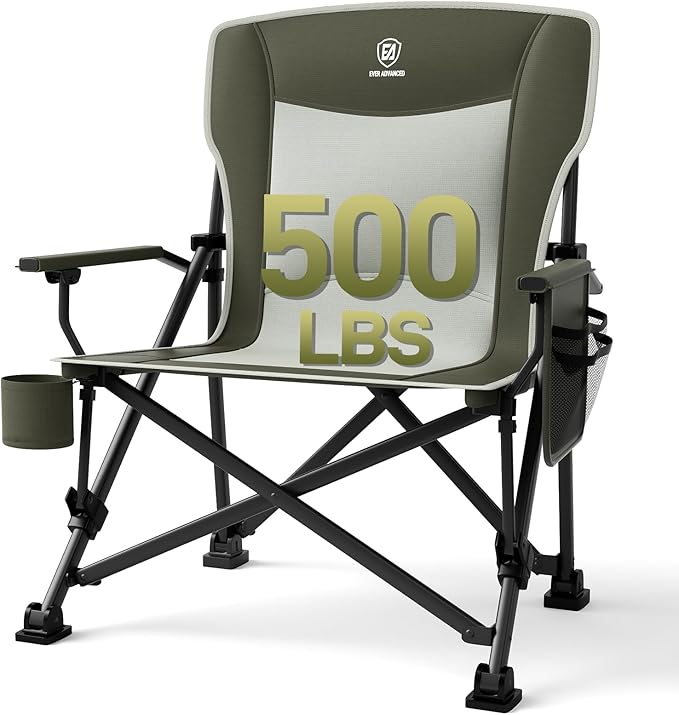 EVER ADVANCED Oversized Folding Camping Chair for Adults, Heavy Duty Lawn Chair with Side Pockets, Portable Collapsible Quad Chair for Outside, Support Up to 500lbs
