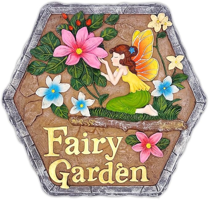 Elegant Resin Stepping Stone, Outdoor Garden Pathway Decoration (Fairy Kisses and Flowers Garden Stepping Stone, 9.5" Outdoor Decoration Statue)