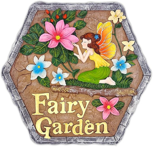Elegant Resin Stepping Stone, Outdoor Garden Pathway Decoration (Fairy Kisses and Flowers Garden Stepping Stone, 9.5" Outdoor Decoration Statue)
