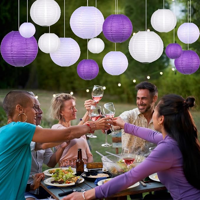 15pcs Paper Lanterns Lavender Purple White Round Hanging Chinese Paper Lanterns 4" 6" 8" 10" 12" for Bachelorette Engagement Wedding Baby Bridal Purple Birthday Decorations