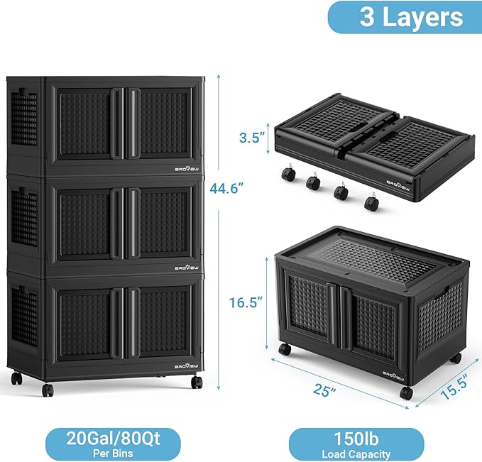 600Qt Stackable Storage Bins with Lids, 150Gal Closet Organizers and Storage Drawer, Plastic Collapsible Storage Bins with Doors, Heavy Duty Store Box Cabinet for Home Kitchen, 6Pack Black