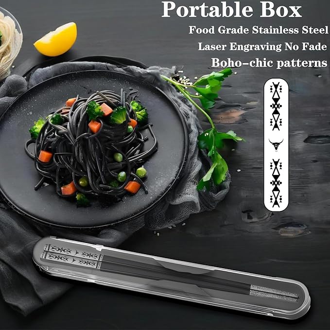 Metal Chopsticks Reusable 1 Pair Stainless Steel Travel Chopsticks Dishwasher Safe Square Lightweight Non-Slip Chop Sticks with case (Black)