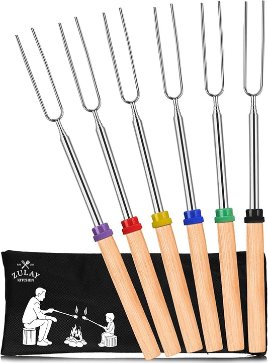 Zulay Kitchen 6 Pack Smores Sticks for Fire Pit - Long Marshmallow Roasting Sticks Smores Kit - Perfect Smore Skewers & Hot Dog Forks For Campfires, Camping Essentials S'mores Gear (Extendable Sticks)