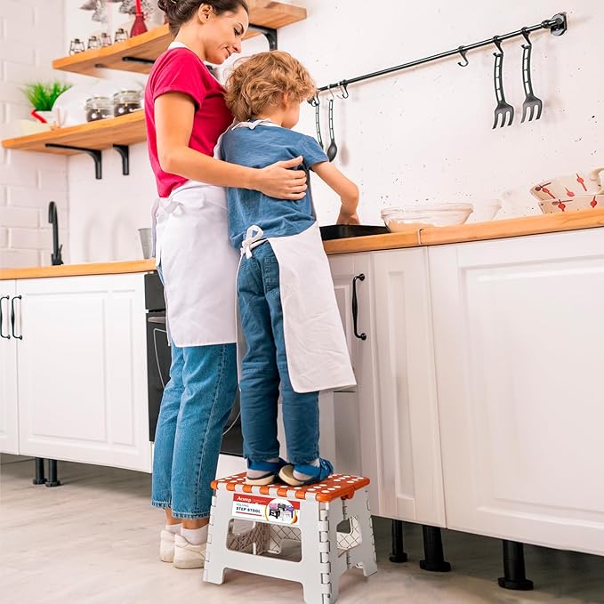 ACSTEP 9 Inch Folding Step Stool 300 LB Capacity Plastic Foldable Step Stools for Kids and Adults, Folding Stool Suitable for Kitchen, Stepping Stool with Handle Bicolor Orange Small Step Stool 1PC