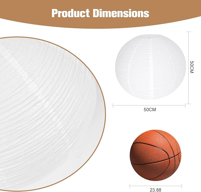 White Paper Lamp Shade, 20''x20'' Large Chinses Paper Lantern Pendant Light Shade,Round Lanpshade Home Decor Ceiling Lampshade, Foldable Lampshade