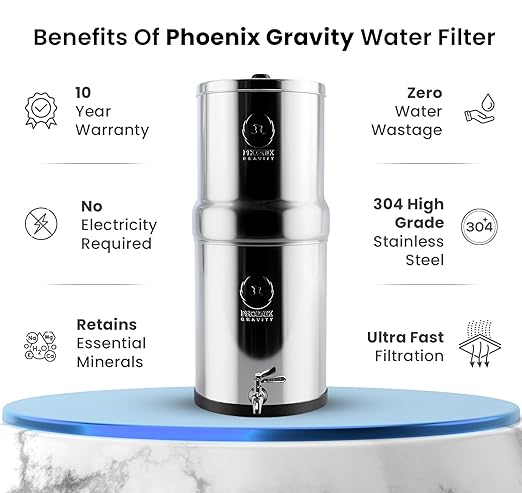 3.25 Gallon Water Filter AISI 304 Stainless Steel Gravity Fed Water Filter System, NSF Certified 2 Smart Carbon Filter Elements, Free Stainless Steel Stand & Water Spigot