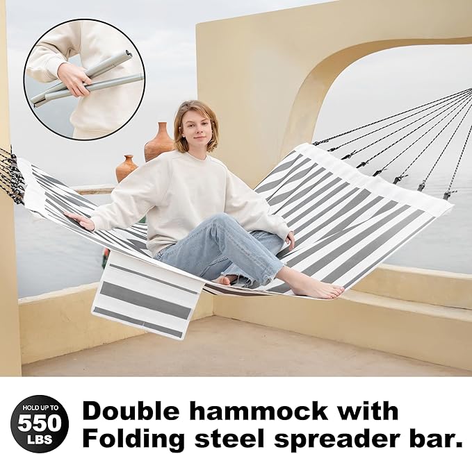 14ft Two Person Outdoor Hammock, Portable Camping with Folding Steel Spreader Bar, Carrying Bag, Carabiners, Tree Straps, Pillow & Sidebag, Quick Dry Textilene, 550 lbs Capacity (Piano)